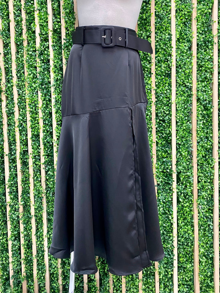 Satin Finish Slit Detail Midi Skirt