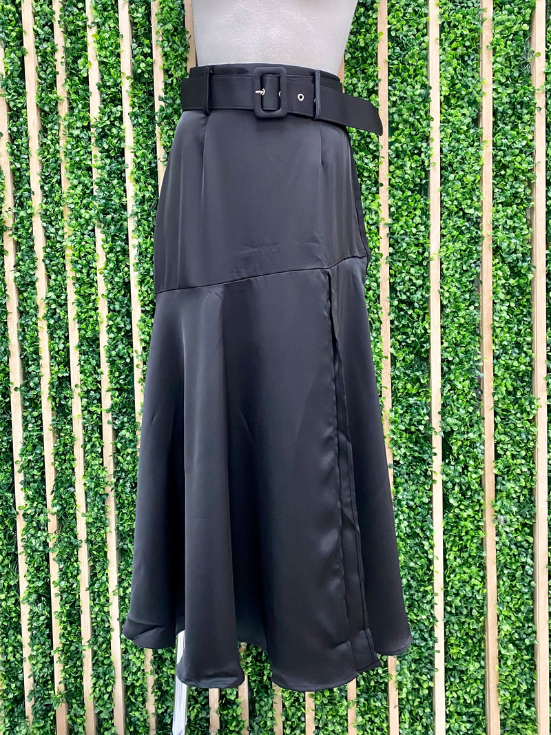 Satin Finish Slit Detail Midi Skirt