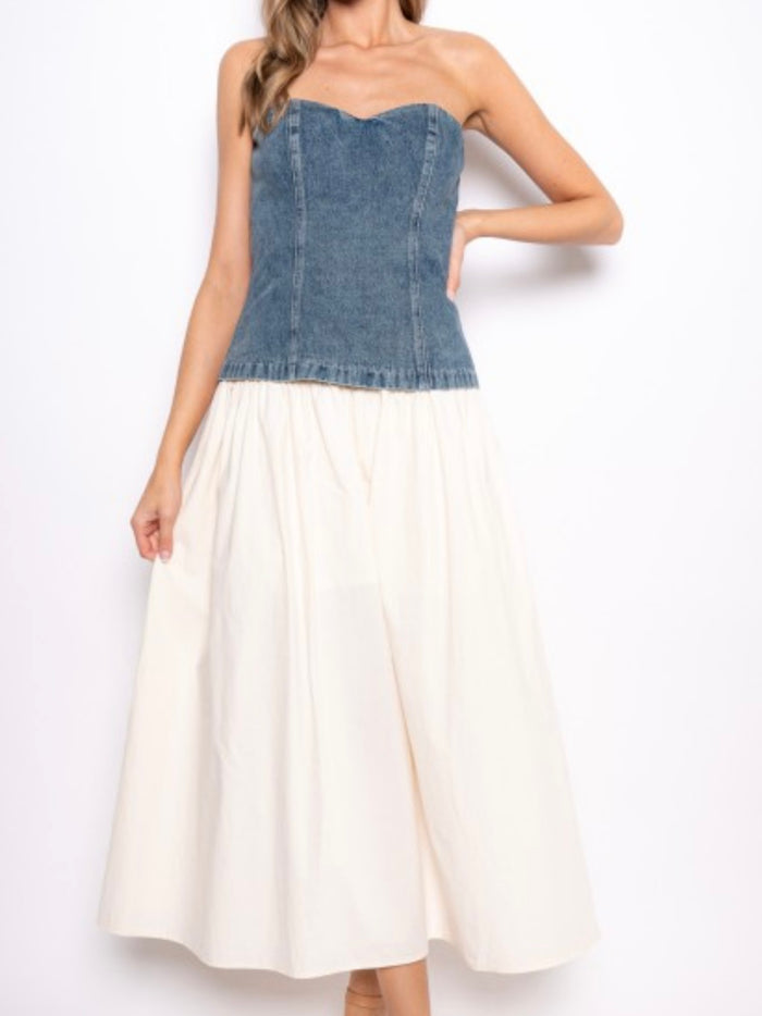 Denim Bodice Midi Dress with Sweetheart Neckline
