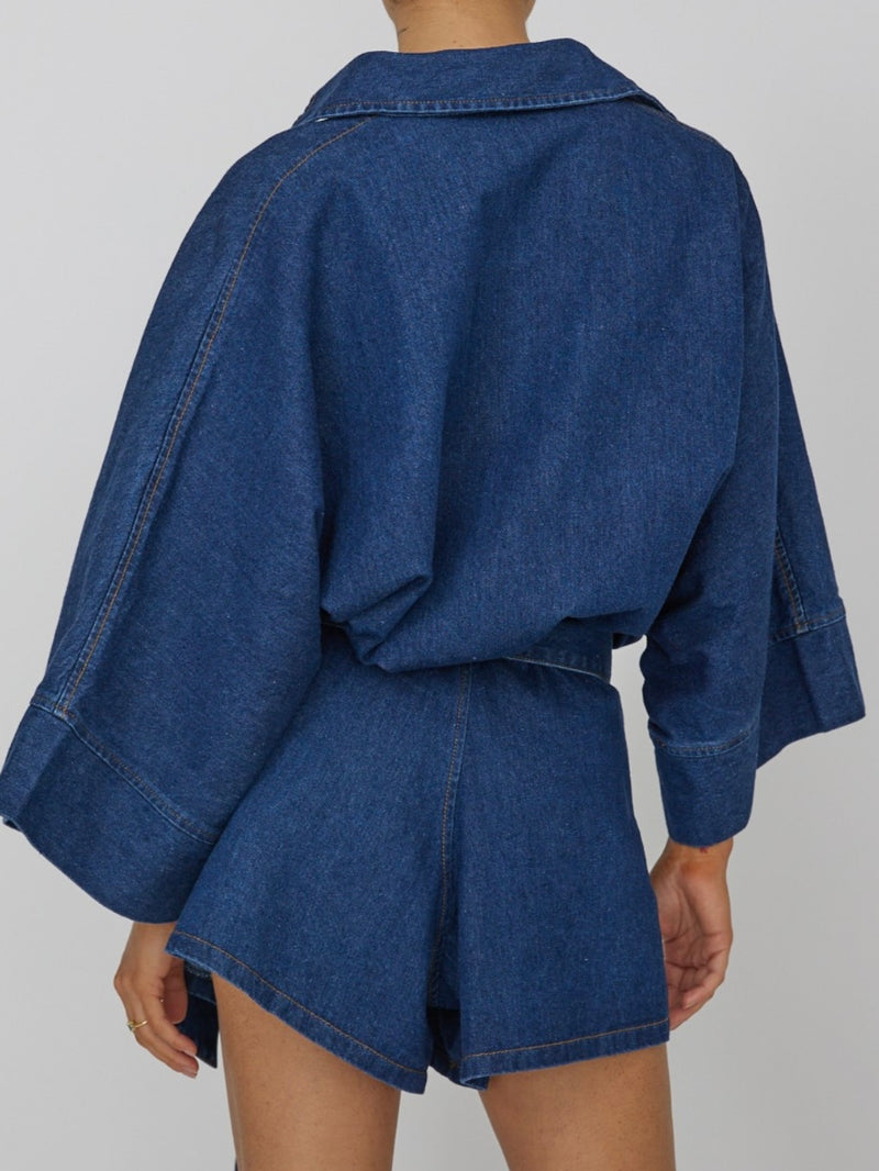 Oversized Blouse Denim Romper