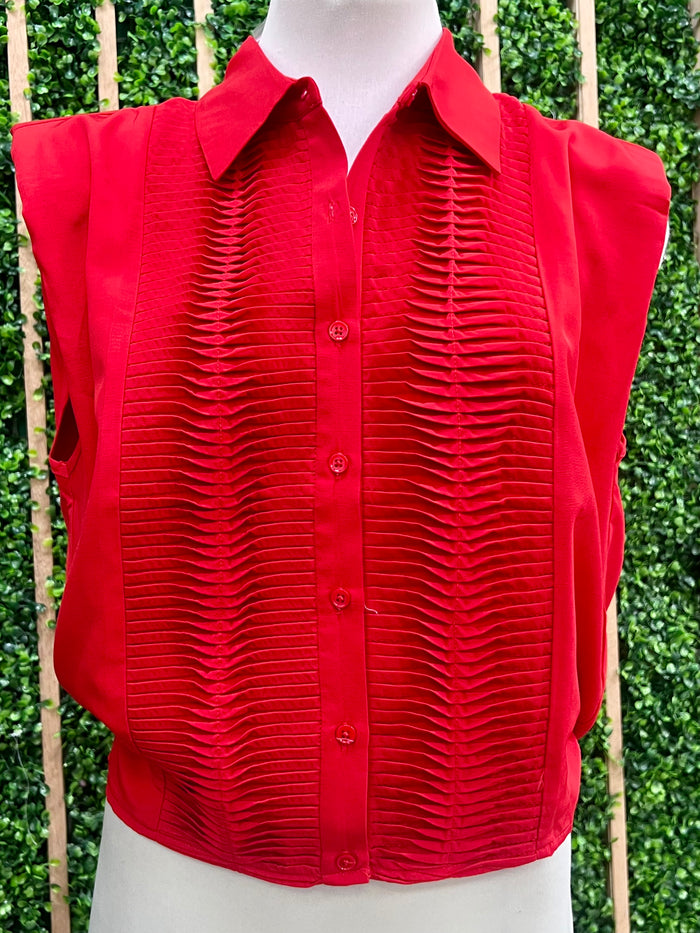 Red Sleeveless Guayabera Blose