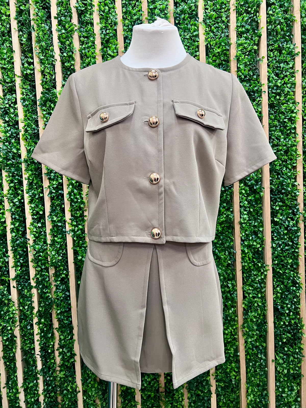 Taupe Pleated Mini Skirt with Flap Pocket Detail