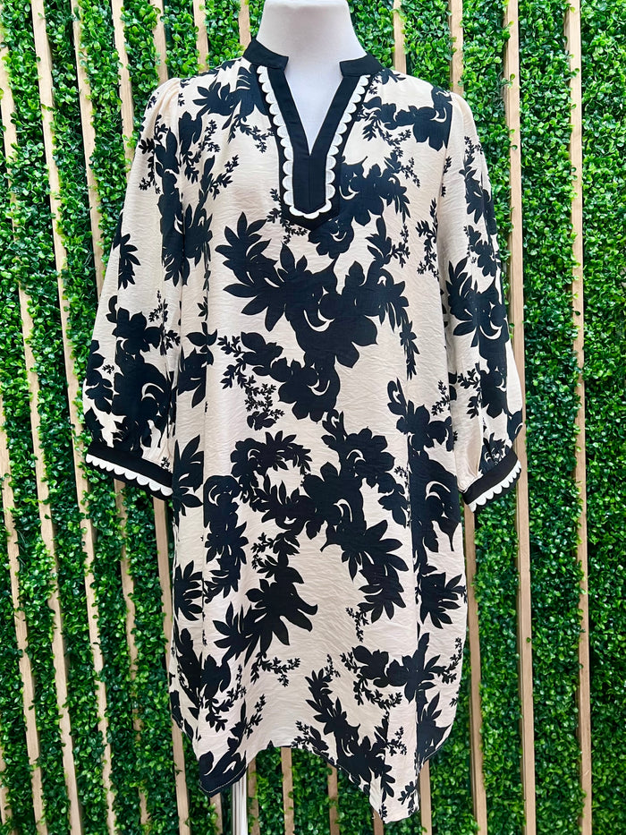 Black Leaves V Neck Long Sleeve Short Dress