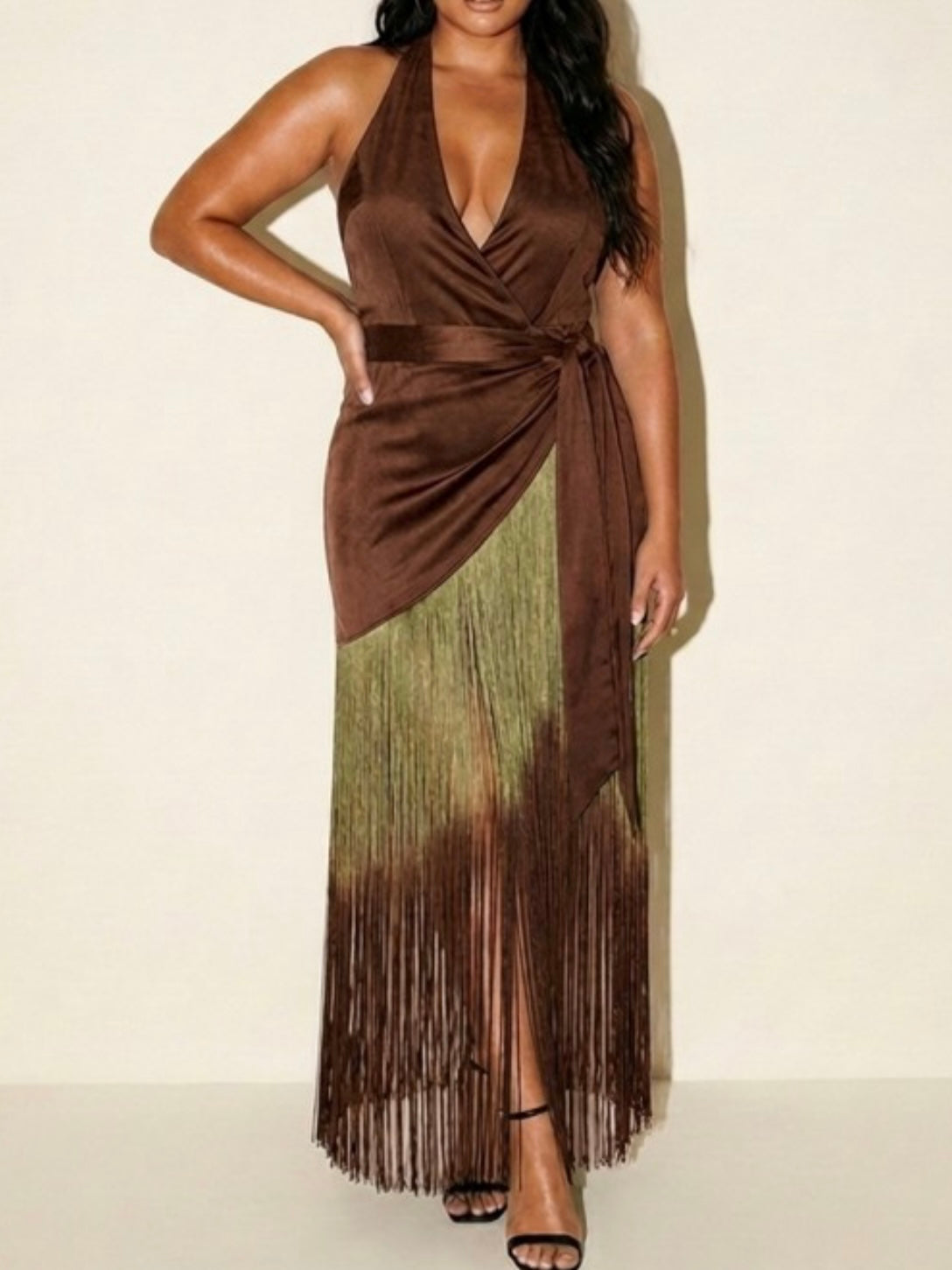 Fringe Halter Wrap Maxi Dress