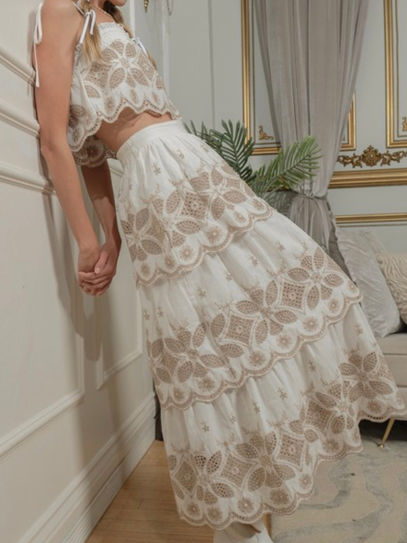 White Embroidered Strapless Maxi Skirt Set