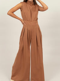 High Neck Sleeveless Wide Leg Satin Jumpsuit
