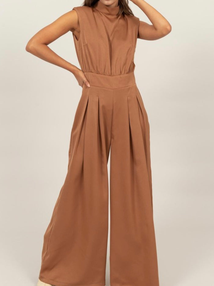High Neck Sleeveless Wide Leg Satin Jumpsuit