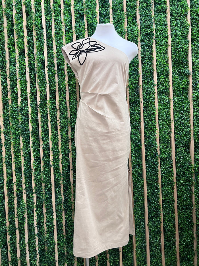 Taupe Black Flower Embroidery Fitted One Shoulder Midi Dress