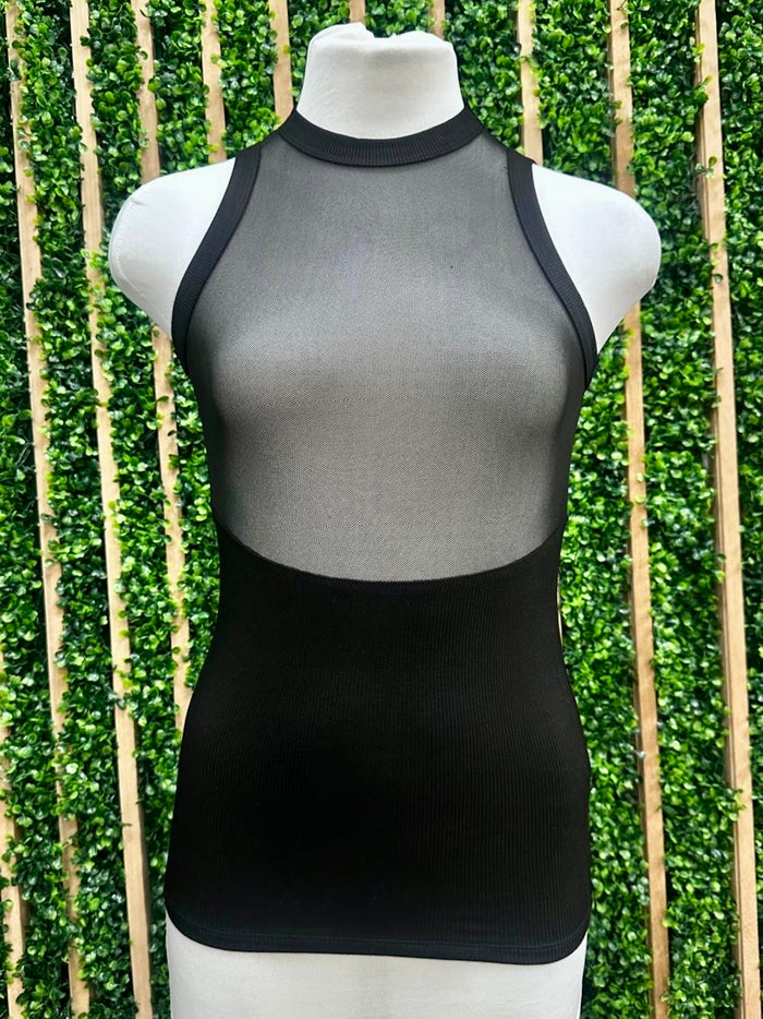 Black Contrast Mesh Sleeveless Top
