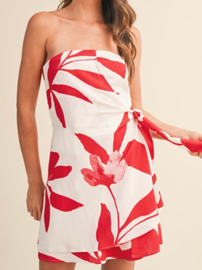 Tomato Tropical Wrap Strapless Short Dress