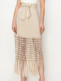 Fringed Hem High Waist Midi Skirt