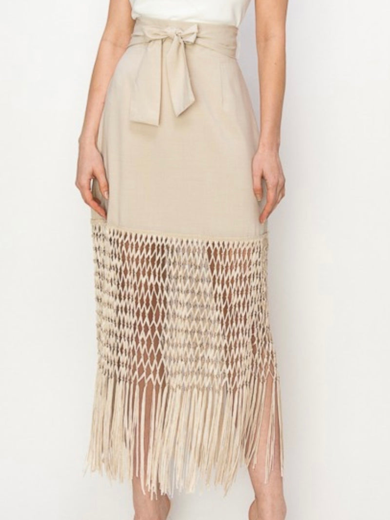 Fringed Hem High Waist Midi Skirt