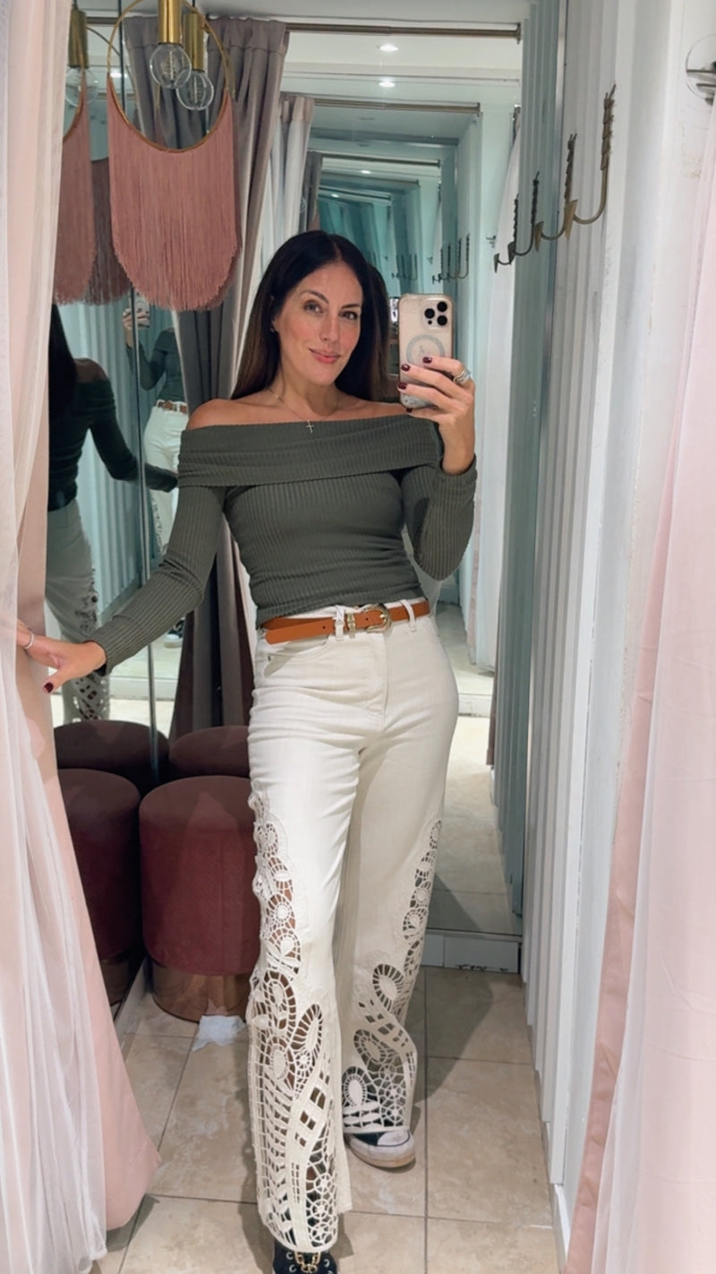 Cream Side Lace Legs Wide Leg Denim Pant