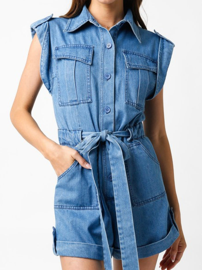 Shoulder Tab Denim Romper