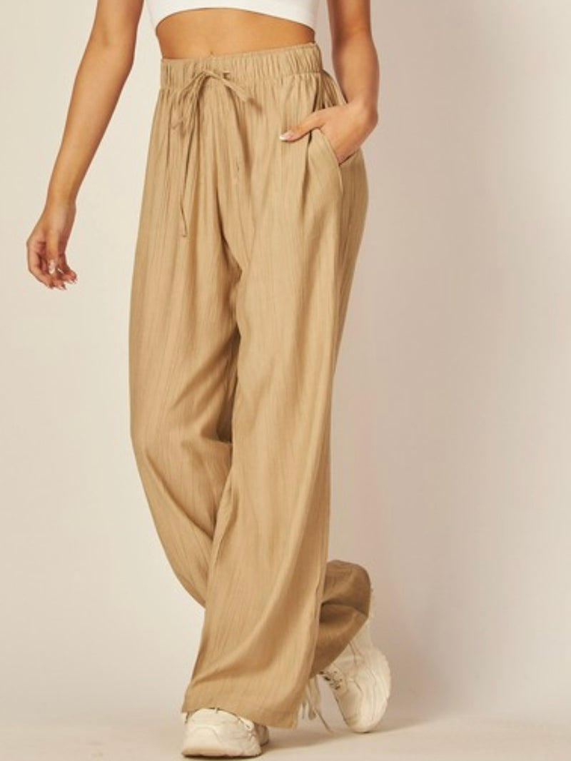 Khaki High Waist Textured Wide Leg Pant