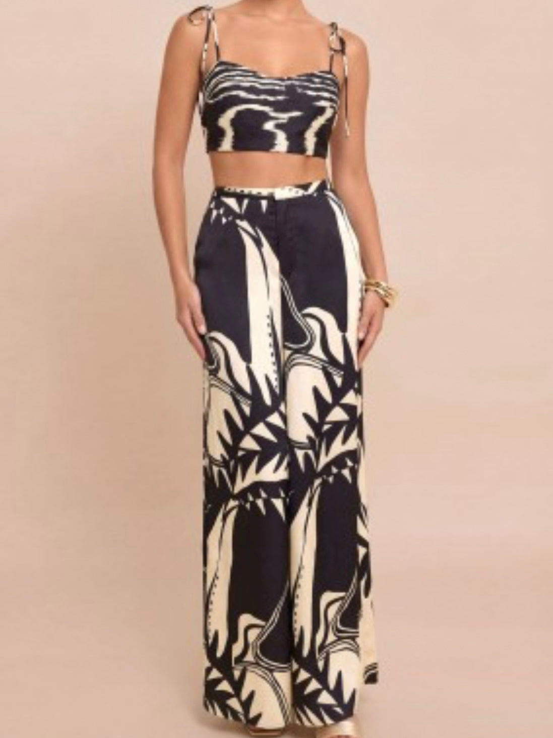 Black & Ivory Abstract Print Wide-Leg Pants