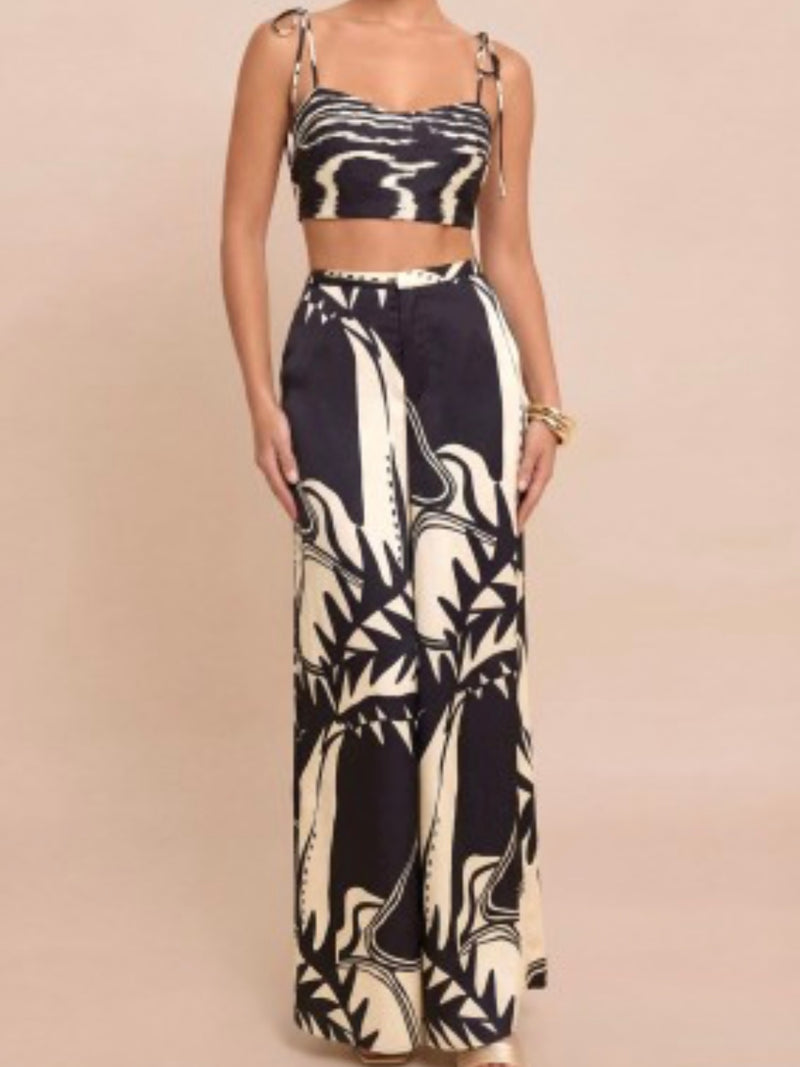 Black & Ivory Abstract Print Wide-Leg Pants