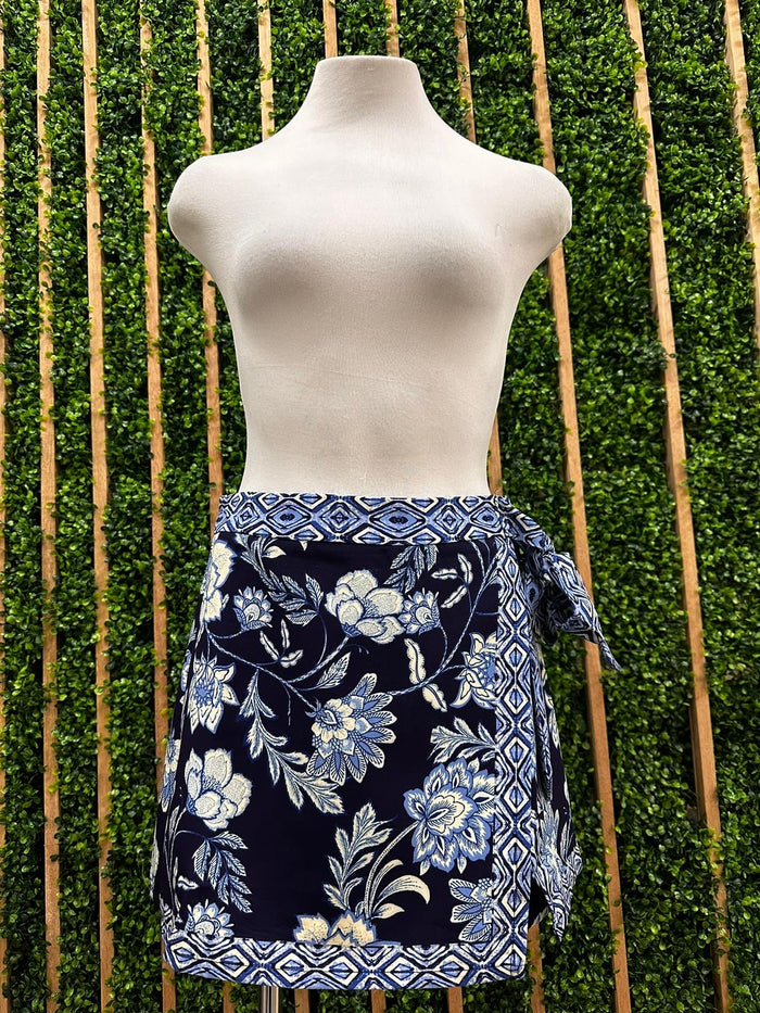 Blue Paisley Floral Print Wrap Skort