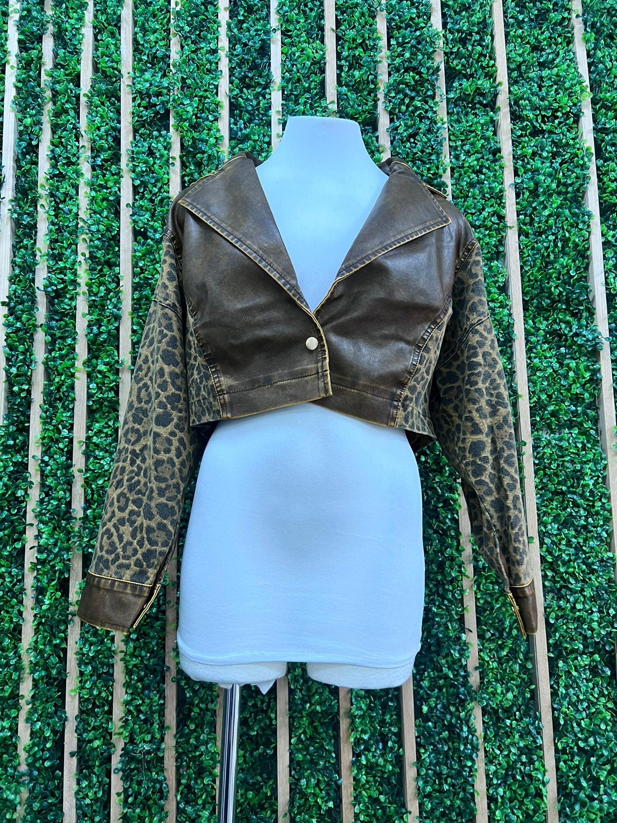 Pleather Detail Leopard Jacket