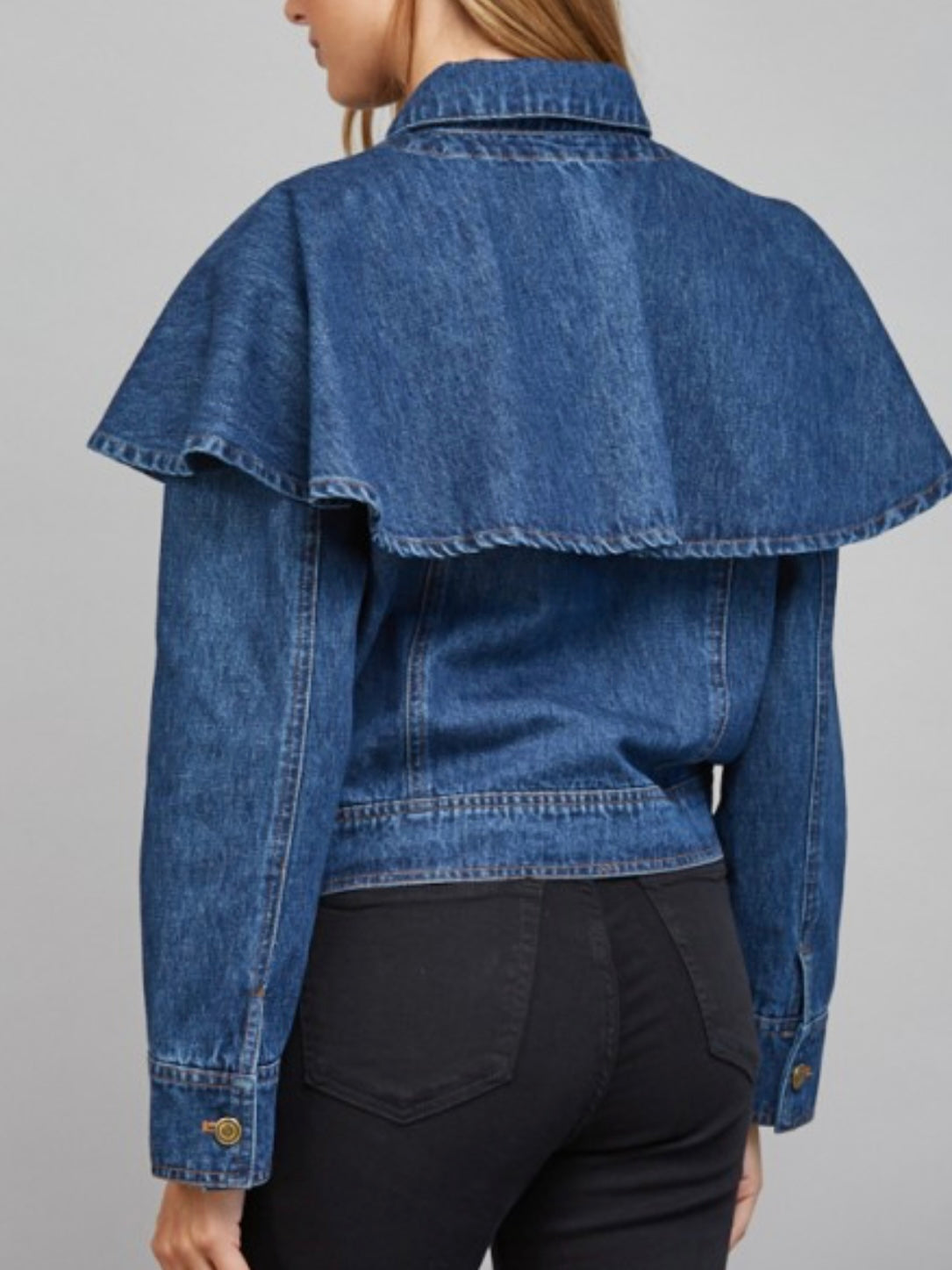 Dark Wash Denim Jacket with Cape Shoulder Overlay
