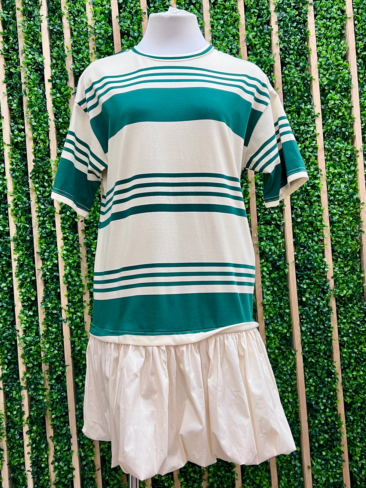 Green Striped Drop Waist Short Dress
