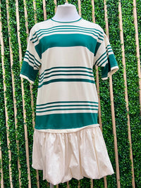 Green Striped Drop Waist Short Dress
