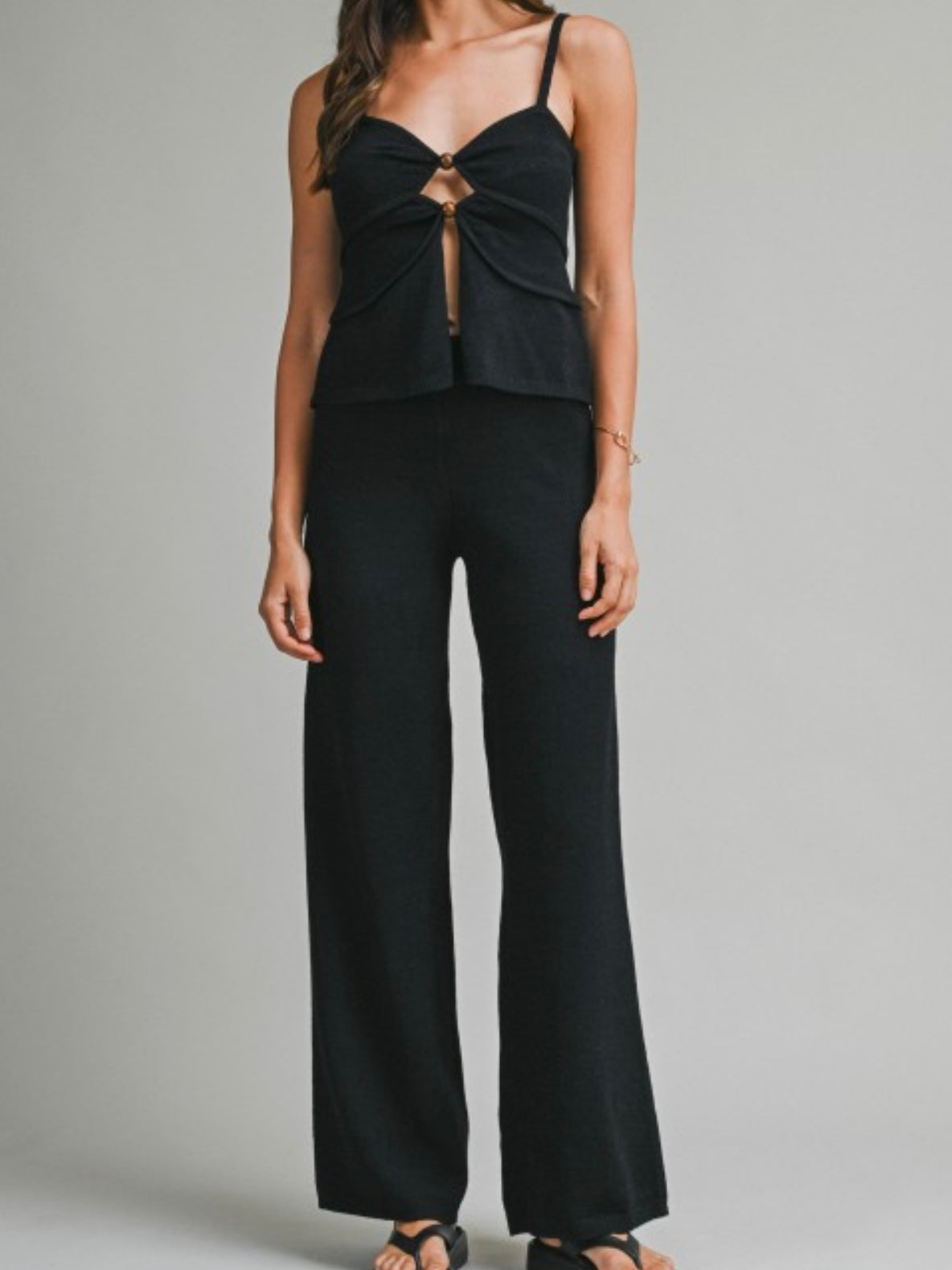 Black Front Cutour Knit Long Pant Set