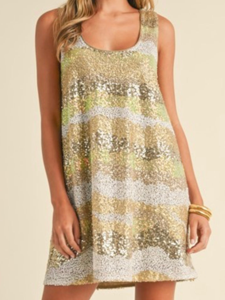 Neutral Ombre Sequin Scoopneck Short Dress