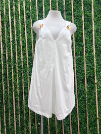 Textured Flower Detail Shirred Ivory Short Dress
