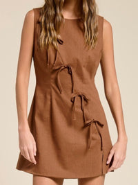 Brown Front Bows Round Neck Short Linen Dress