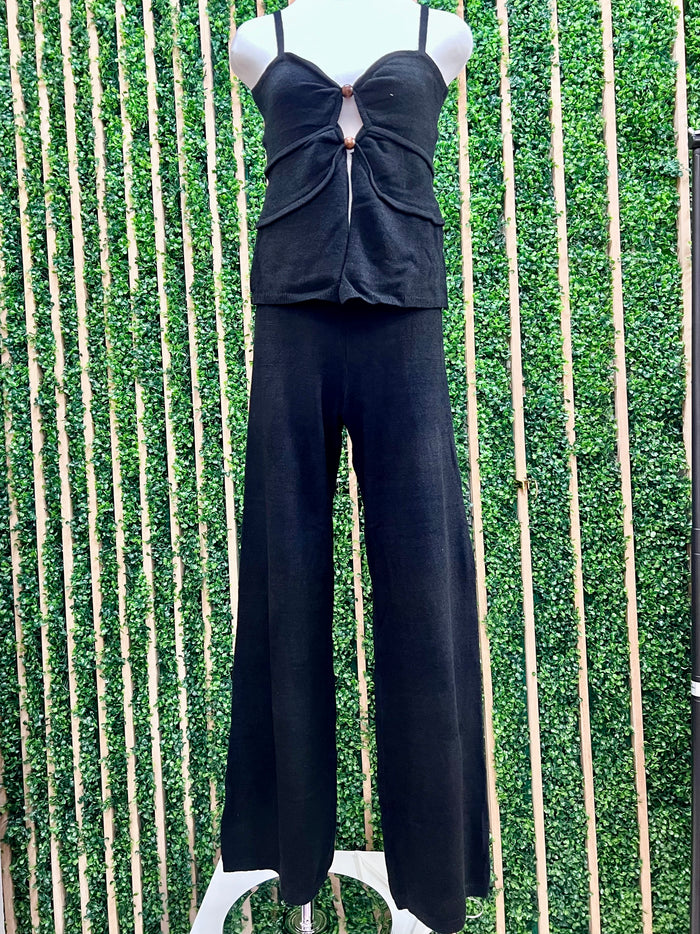 Black Front Cutour Knit Long Pant Set