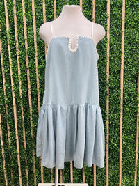 Denim Cutout Front White Stitch Detail Drop Waist Short Dress