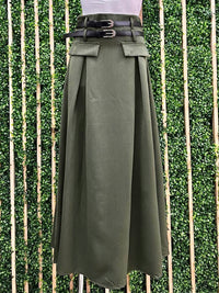 Double Belt A Line Midi Skirt