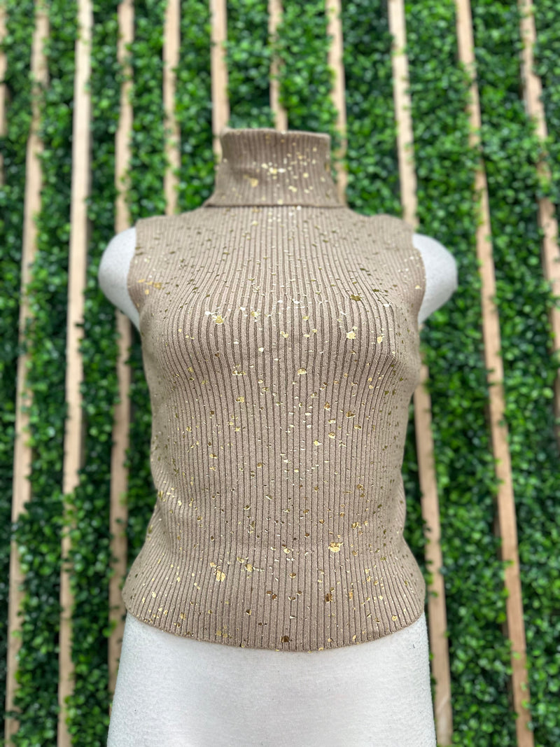 Gold Foil Detail Turtle Neck Crop Top