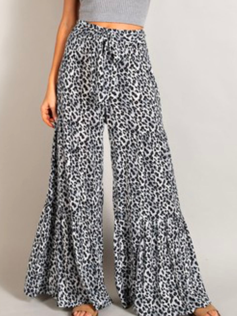 Grey Leopard Tiered Wide Leg Pant