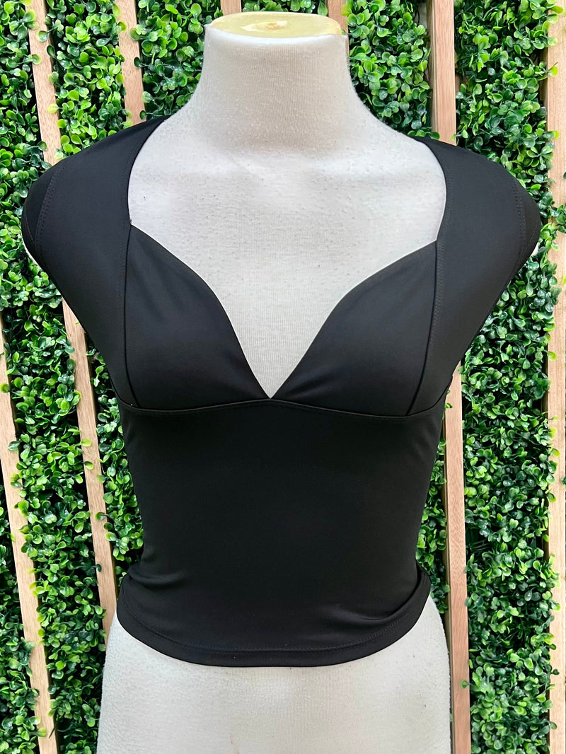 Black Deep V Neck Sweetheart Cap Sleeve TOp