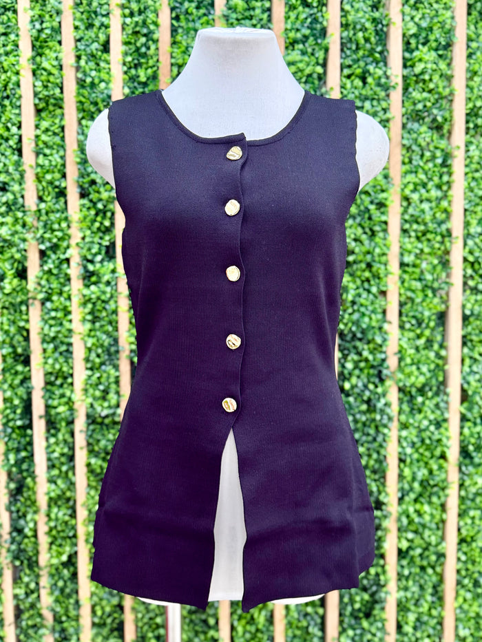 Button Detail Black Knit Vest Top