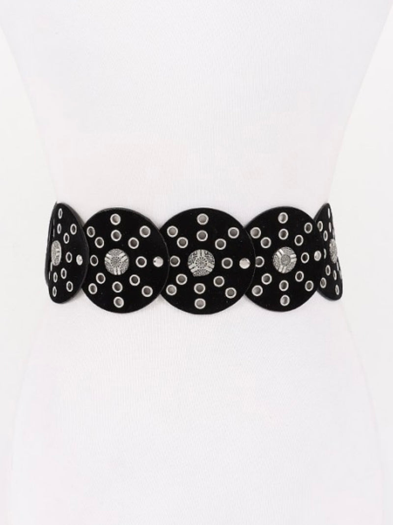 Black Silver Studded Faux Leather Disc Belt