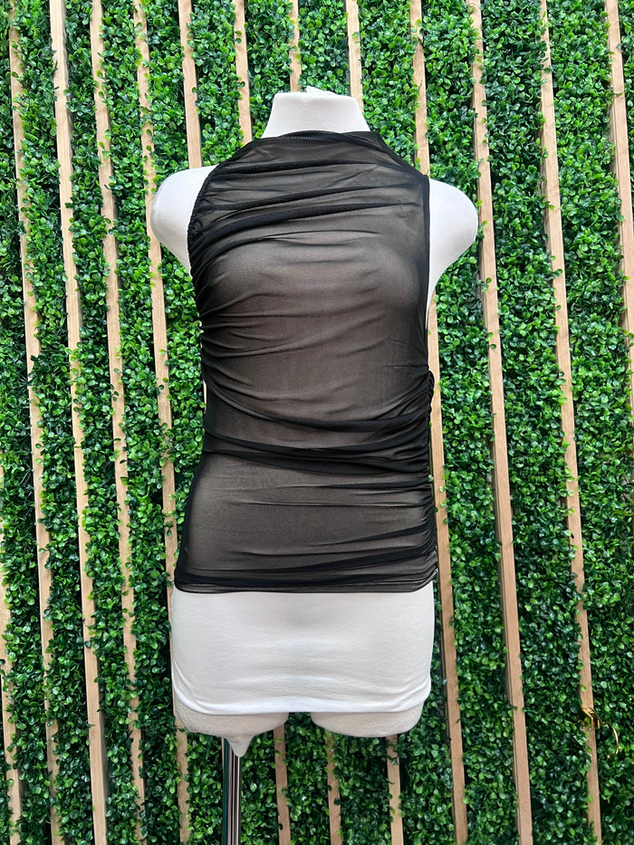 Black Ruched Neck Mesh Tank Top