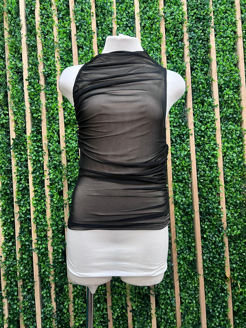 Black Ruched Neck Mesh Tank Top