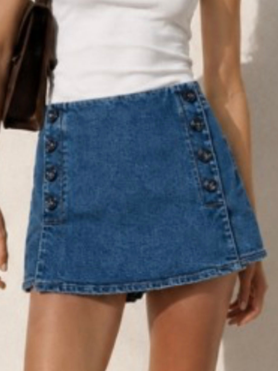 Button Detail Dark Denim Skort