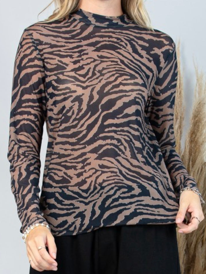 Brown Zebra Mesh Long Sleeve Top