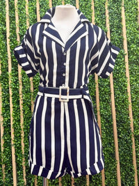 Nautical Stripe Belted Button-Up Romper