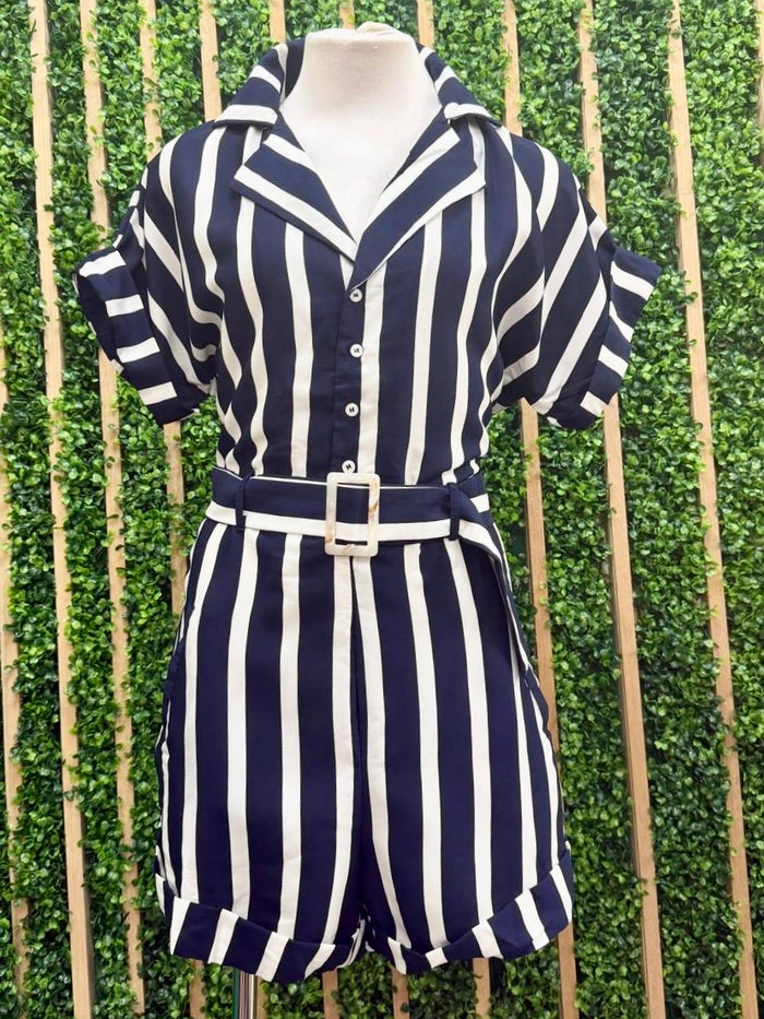 Nautical Stripe Belted Button-Up Romper