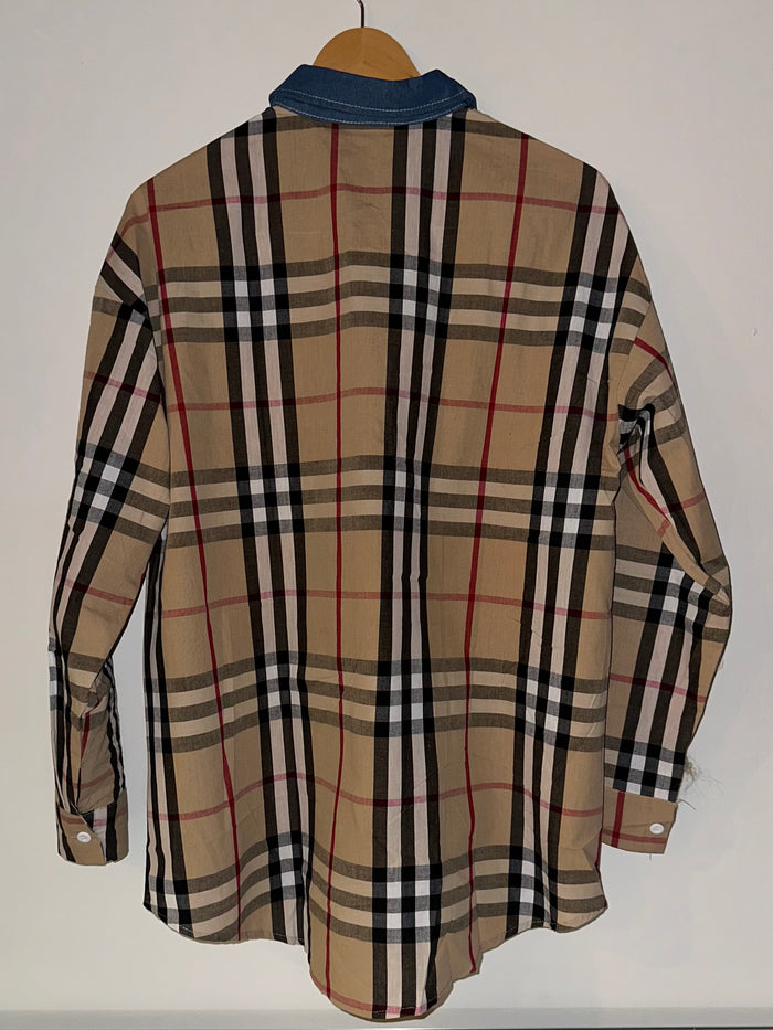 Khaki Plaid Mickey Embroidered Patch  Long Blouse