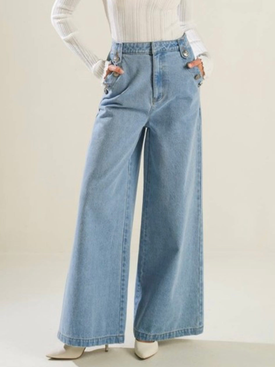 Button Detail Wide LEg Denim Pants