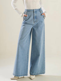 Button Detail Wide LEg Denim Pants