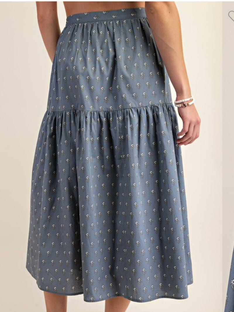 Steel Blue Print Midi Skirt Set