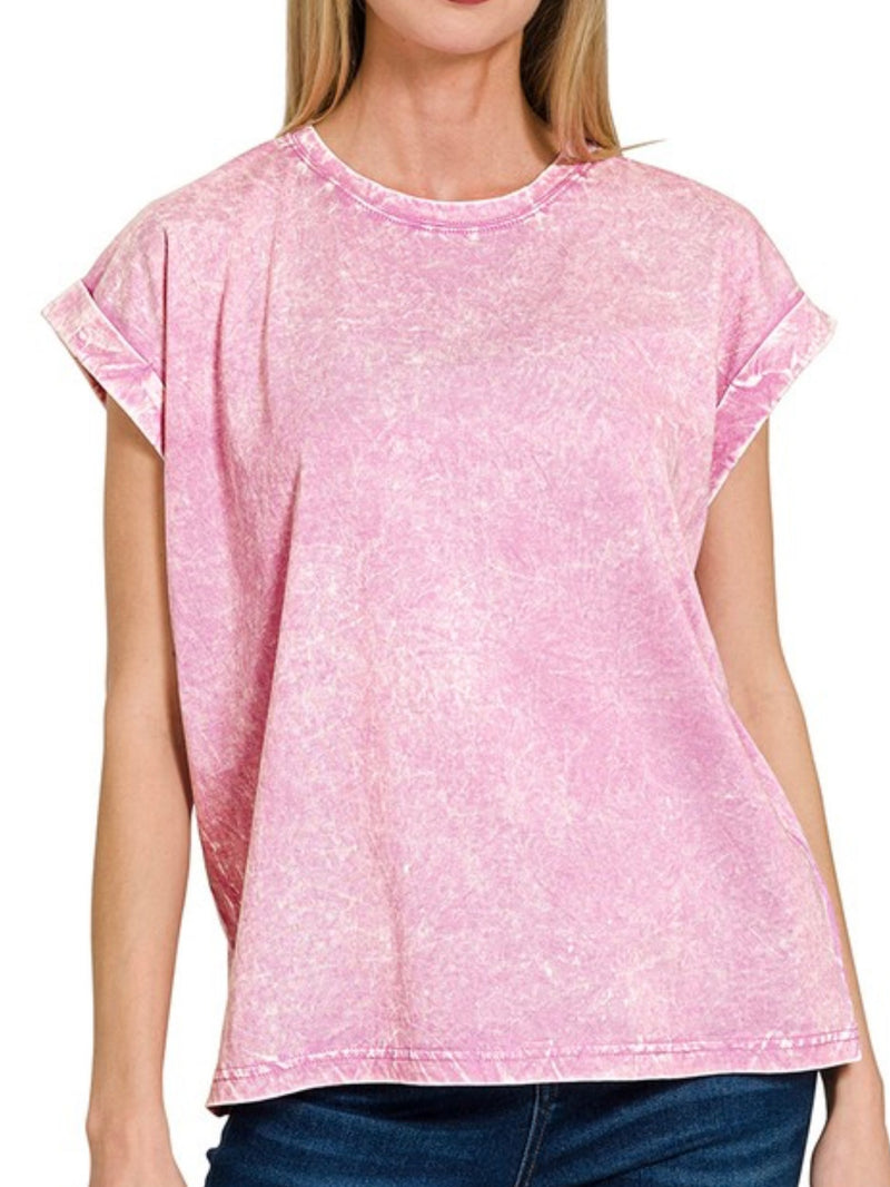 Crinkled Wash Round Neck Folded Short Sleeve Top