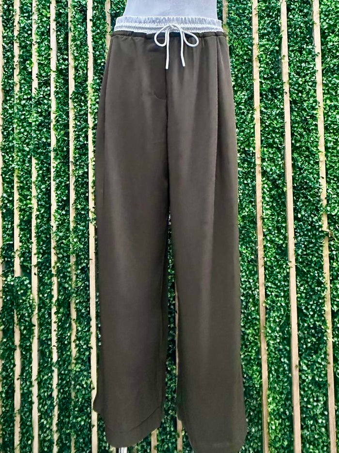 Contrast Waist Wide Leg Mocha PAnt